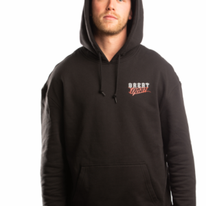 man with hat and oversized hoodie black with logo in chest