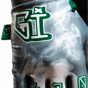 detail of grey glove with white smoke and green details