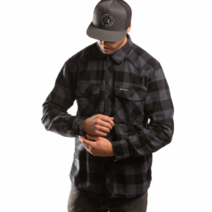 Man ith hat and grey black flannel