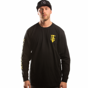 man with black great injuries longsleeve with yellow print