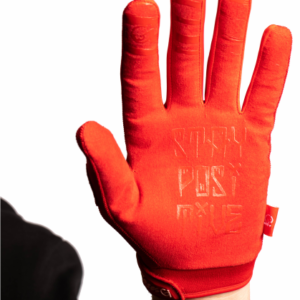 handpalm of red gloves with text stay positive