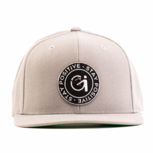 light grey snapback hat with woven logo