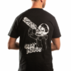 back print of black shirt with white drinking skull