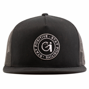 black snapback with mesh back and patch