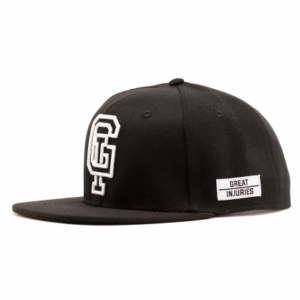 side of great injuries snapback hat in color black and white