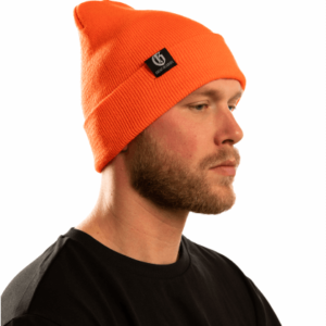 ornage long beanie with black tag from great injuries