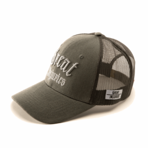 side of grey trucker hat with white label on side