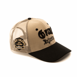 khaki black trucker cap with embroidery on side