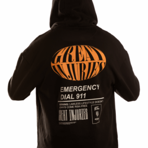 black hoodie with orange logo from great injuries