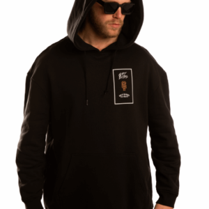 black hoodie with ornage logo on the back