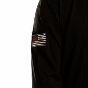 detail of flag patch on arm of a black longsleeve shirt