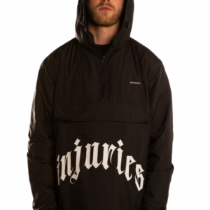 pullover jacket with white injuries text and black fabric