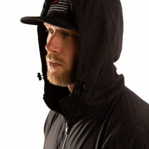 detail of hood from pullover jacket in color black