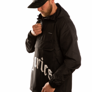 side view of model with hat and black pullover jacket from great injuries