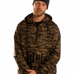 model with beanie and a camo pullover jacket