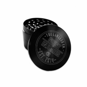 weed grinder with logo on cap in color black