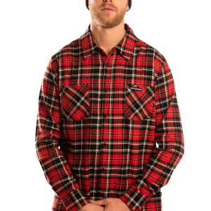 man with red lumberjack shirt and beanie on