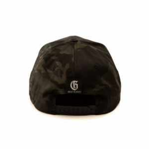 back of a camo snapback cap with label