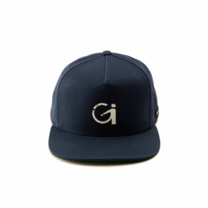 navy blue snapback with white logo on front