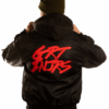 back of black bomber jacket with chenille red text on back