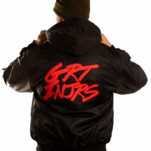 back of black bomber jacket with chenille red text on back