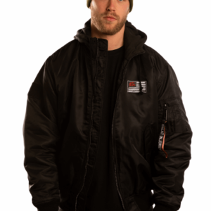 black bomber jacket with flag logo on chest